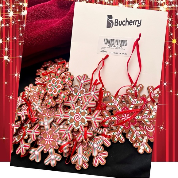 Christmas Wooden Snowflake Ornaments With Red Hanging Ribbon 24pc By BUCHERRY - Picture 3 of 4